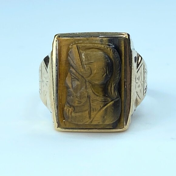 Mens 10K Yellow Gold Intaglio Cameo Tigers Eye Ring Sz 10 5.7g JR8663